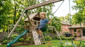 Child soaring high on a swing attached to a large backyard playset.