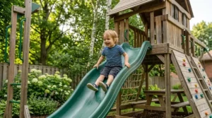 Child enjoying the green slide on a large backyard playset with fort.