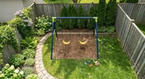 Top-down diagram of a space-saving steel swing set layout for small gardens.