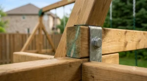 Close-up of durable, weather-resistant wood framing on an outdoor swing set.