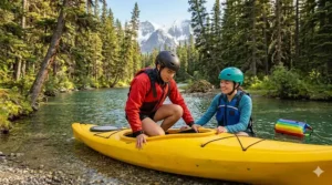 Step-by-step guide on entering a kayak from the shore. Guide étape par étape pour embarquer dans un kayak depuis le rivage.