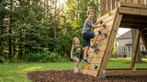 Children playing on the rock climbing wall of a wooden backyard play structure.