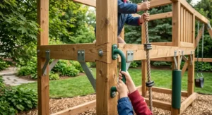 Children swinging on a high-quality complete backyard play system.