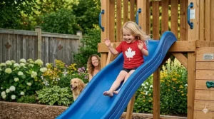 Kids playing on a wooden swing set featuring a vibrant wave slide.