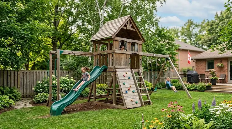 Large backyard playset with fort and slide in a grassy garden.