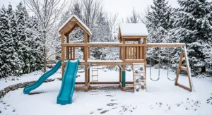 Top-down view of a customizable complete backyard play system layout.