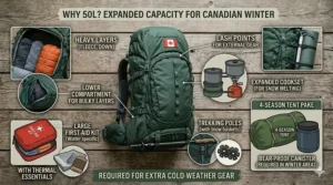 Flat lay illustration showing an expanded packing list for a 50L backpack suitable for longer or colder weekend trips.