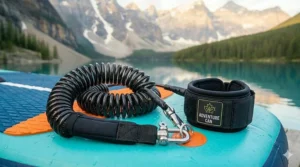 Secure ankle leash attachment for paddle boarding safety.