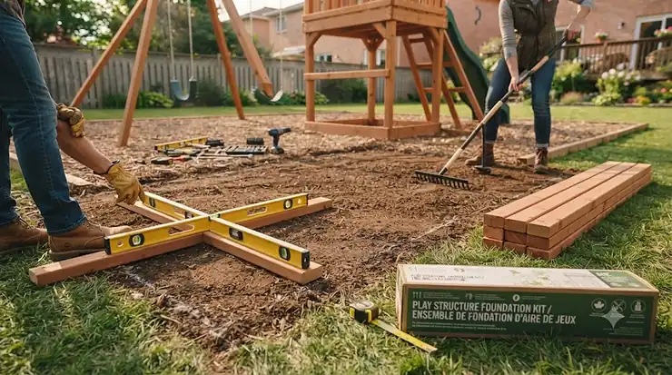 Family assembling wooden play structure kits in a Canadian backyard.