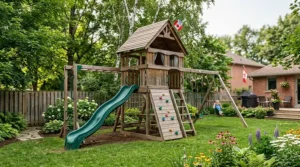 Detailed close-up of heavy-duty hardware connecting beams on a wooden playset.