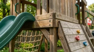 Detailed view of the rock-climbing wall handholds on a large playset.