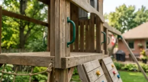 Detailed close-up of a green safety grab handle on a sturdy wooden playset.