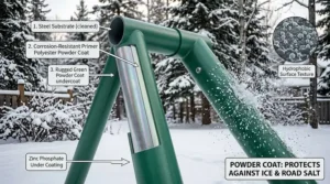 Diagram showing powder-coated metal protection against ice and road salt.