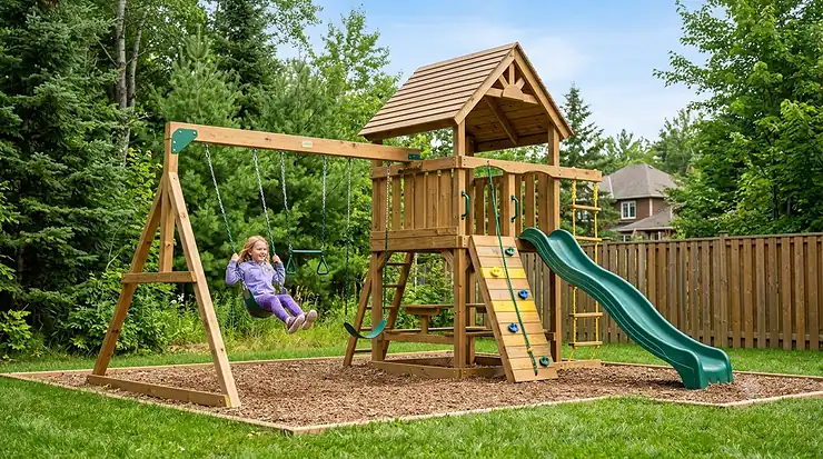 A large pressure-treated wood swing set in a Canadian backyard during summer. pressure treated wood swing set outdoor