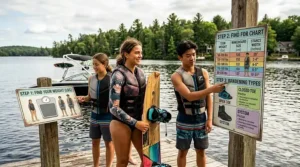 An illustrated tutorial showing how correct stance width relates to teen wakeboard sizing.