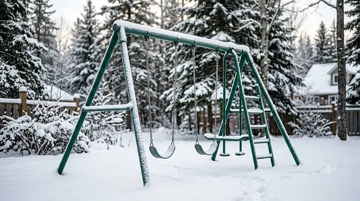 Checklist illustration for winterizing a backyard swing set in cold climates. rust-proof swing set winter