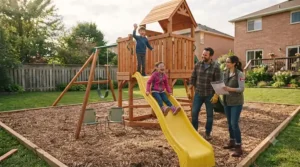 Securing play structure kits with ground anchors for Canadian safety.