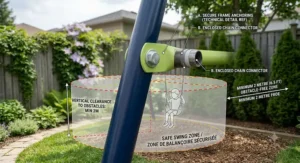 Safety guide showing recommended clearance zones for backyard swing sets.