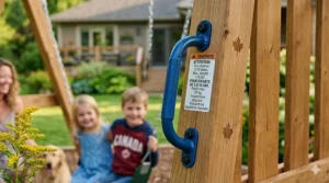Close-up of safety handles on the best wooden swing sets for children.