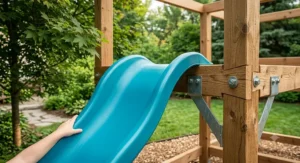 Safety features of a complete backyard play system including soft-grip handles.
