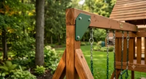 Close-up of safety handles and recessed bolts on a cedar swing set design.