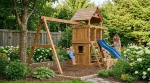 Compact wooden swing sets perfect for small Canadian suburban backyards.