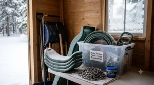 Proper storage of swing set plastic seats and accessories during Canadian winter.