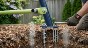 Technical detail of a ground-anchoring system for stable metal swing sets.