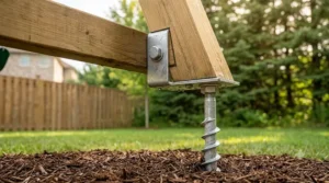 Secure ground anchors for a wooden swing set designed for Canadian safety standards.