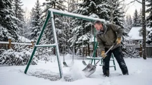 Clearing snow away from the base of a durable swing set to prevent rust.