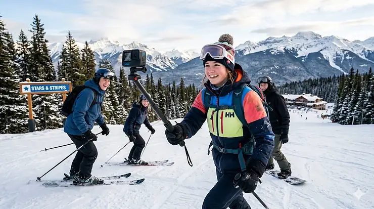 Teen using an action camera to film a ski trip in the Canadian Rockies. action camera teens
