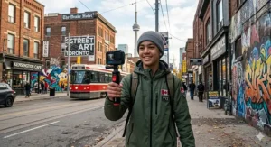 Teen vlogger filming urban exploration in a vibrant Canadian downtown area.