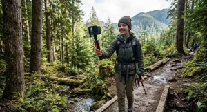 Teen hiking a forested Canadian trail while vlogging with an action camera.
