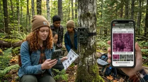 A teen using a smartphone app to check footage from a wildlife camera for teens.