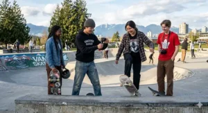 Group of teens capturing skateboard tricks at a local Canadian skatepark.