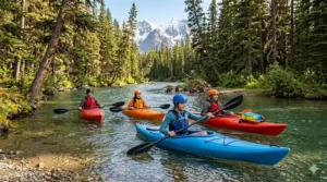 Group of teens kayaking on a gentle Canadian river. Groupe d'ados faisant du kayak sur une rivière tranquille.
