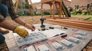 Essential tools for DIY play structure kits assembly and setup.