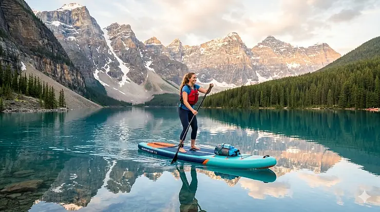 A person using a top rated paddle board package on a calm Canadian lake.