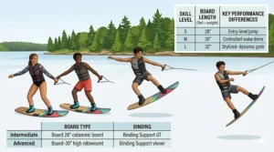 A visual guide comparing wakeboard length recommendations based on a teen's body weight in pounds.