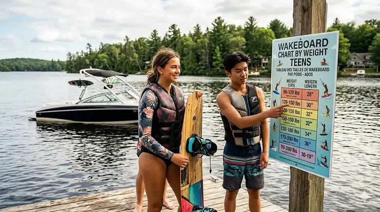 A detailed wakeboard size chart by weight teens, featuring English and French text, displayed on a wooden dock with teenagers and a ski boat on a Canadian lake.