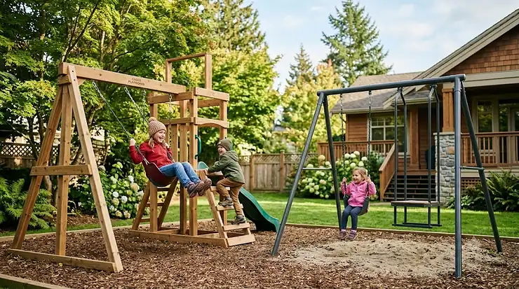Kids playing on backyard swing sets in Canada | Enfants jouant sur des balançoires de jardin au Canada metal vs wooden swing sets which is better