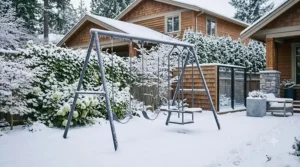 Powder-coated metal swing set in snowy Canadian climate | Balançoire en métal thermolaqué sous la neige au Canada