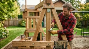Parent performing maintenance on a wooden play set | Parent effectuant l'entretien d'une aire de jeu en bois