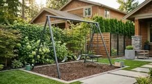 Compact, durable metal swing set in a modern backyard | Balançoire en métal compacte et durable dans une cour moderne