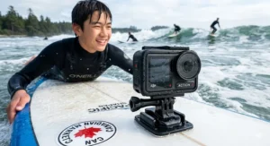 Close-up of a waterproof action camera mounted for teen surfing adventures.
