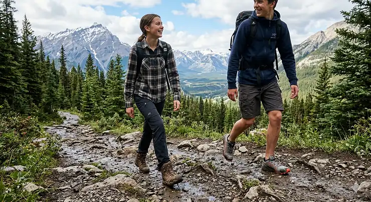 Teen hikers comparing waterproof boots and trail runners on a Canadian trail. waterproof hiking boots vs trail runners teens