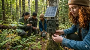 Close-up of the rugged, weatherproof casing on a wildlife camera for teens.