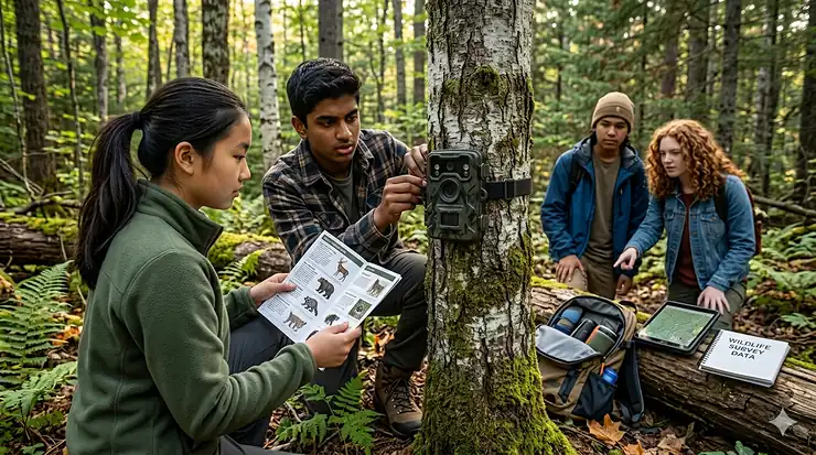 A camouflage trail camera for teens mounted to a tree in a lush Canadian forest with ferns and moss.
