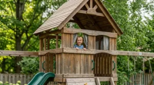 Detailed view of the wooden fort structure on a large backyard playset.