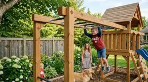 Children using monkey bars on a high-quality wooden swing set.